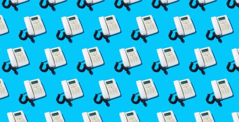 A digital illustration of caption phones against a light blue background.