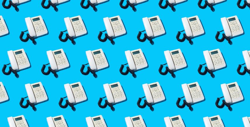 A digital illustration of caption phones against a light blue background.